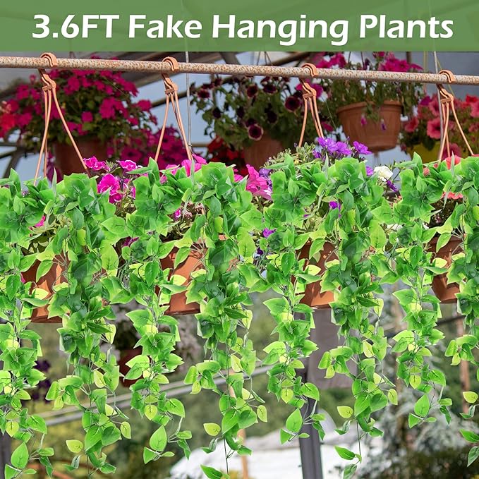 Hoteam 12 Pcs Artificial Hanging Plants 32 Inch Fake Ivy Vines with Fake Leaves Patio Artificial Plants Greenery for Living Room Indoor Outdoor Wall, No Basket (Pothos)