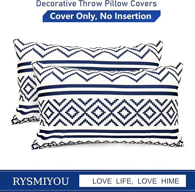 Decorative Throw Pillow Covers Set of 2 Blue Boho Pillow Covers 12x20 Inch Throw Pillow Cover Linen Pillowcase Modern Farmhouse Outdoor Pillow Covers for Couch Sofa Bed Living Room