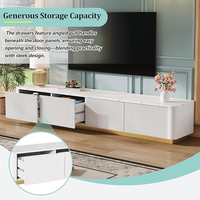 Merax Modern Fluted TV Stand Consoles for Living Room, Wood Entertainment Center with 4 Drawers & Faux Marble Tabletop, Practical Media Console for Televisions Up to 85'', White