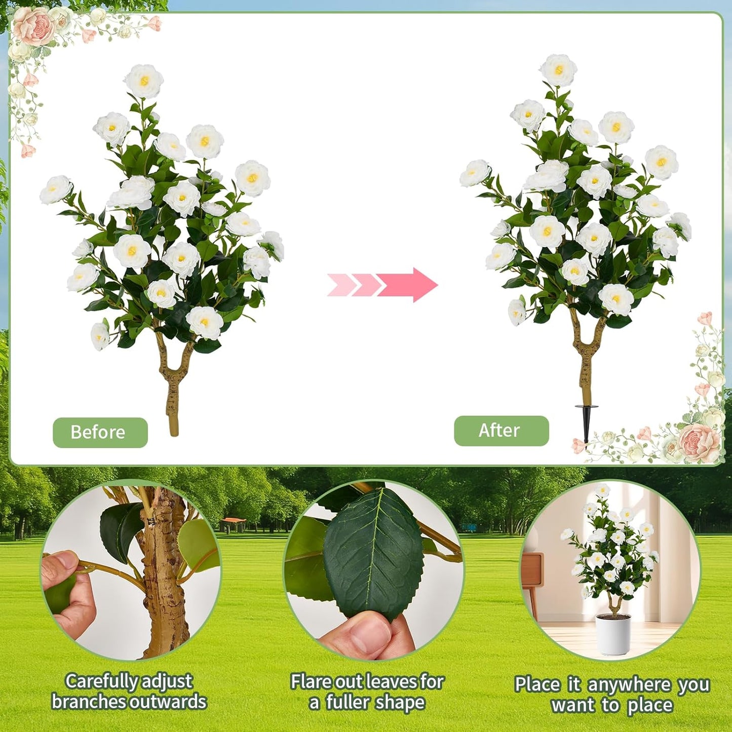 Romantic Season 2Pack 36" Artificial Camellia Tree with Ground Spike - White Faux UV Resistant Blooming Bush, Lifelike Camellia Flowers for Indoor Outdoor Decor, Perfect for Wedding