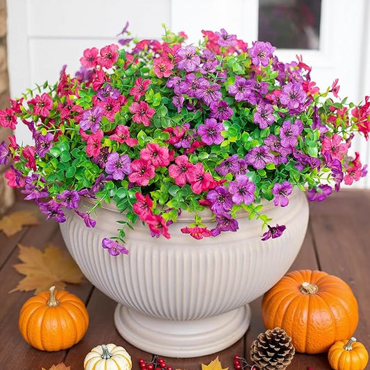 Artificial Flowers for Outdoor Indoor Garden Home Decoration, Faux Flower Daisy with Eucalyptus Leaves Fake Plants Greenery Boxwood Porch Patio, 12 Bundles (Purple Pink)