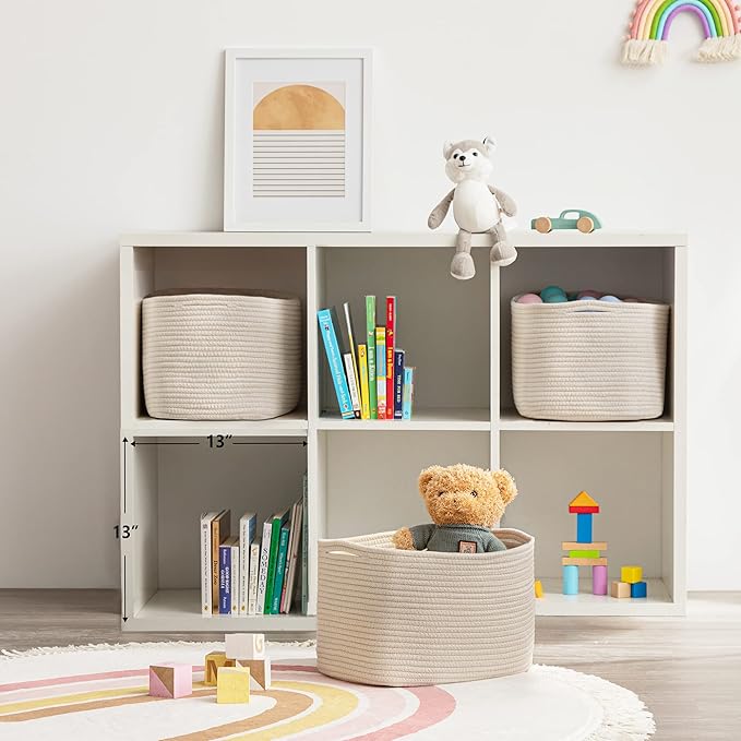 UBBCARE 3-Pack Woven Rope Shelf Baskets - 15x10x9in Decorative Storage Basket for Toys, Kids Playroom, Closet Organization & Cube Storage Organizer | Gift Basket Empty, Beige