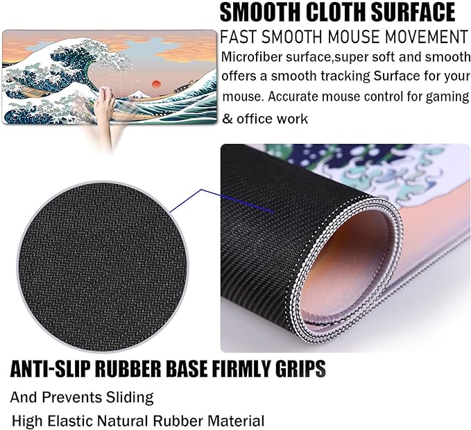 Japanese Large Gaming Mouse Pad with Extended Stitched Edges, (31.5X15.7In) Durable Non-Slip Natural Rubber Base, Waterproof Computer Pad for Esports Pros/Gamer/Office/Home, Sunset Sea