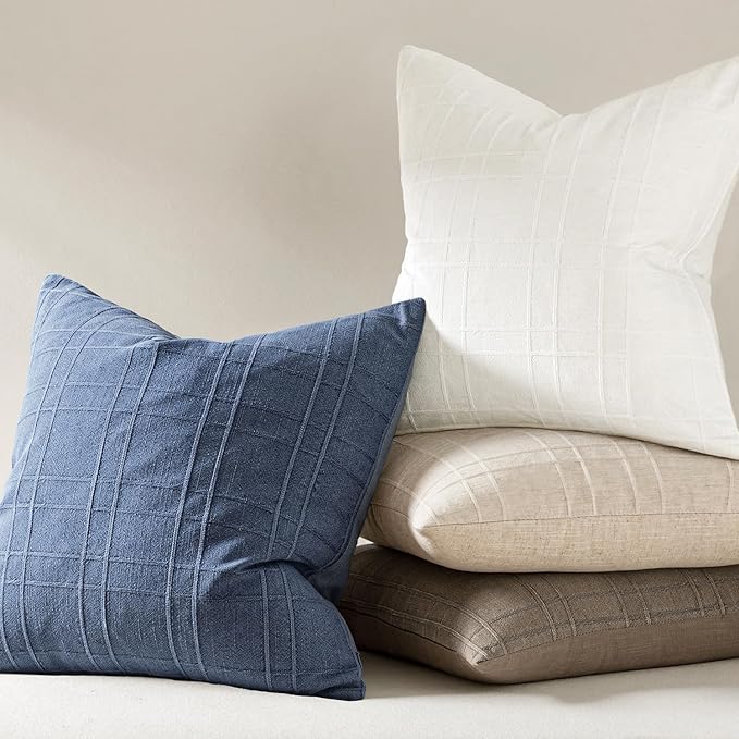 MIULEE Decorative Linen Check Euro Shams Throw Pillow Covers Neutral Farmhouse Vintage Pillow Covers 24x24 Set of 2 Boho Modern Home Decor for Sofa Couch Bedroom Cushion Blue