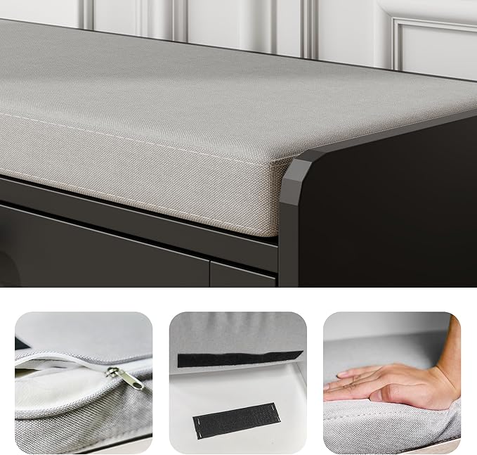 MHOM Black Modern Entryway Bench with 2 Flip Drawers, Shoe Bench with Padded Seat Cushion, Wooden Storage Bench for Bedroom and Apartment