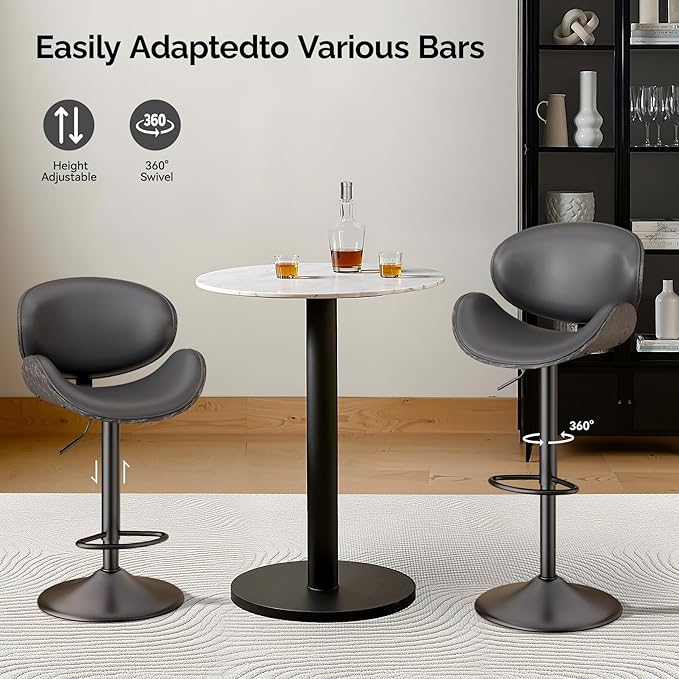 Swivel Bar Stools Set of 2, Seat Adjustable Height 23.5-32.5IN Bentwood Barstools with Back & Footrest, PU Leather Upholstered Counter Height Bar Chairs for Bar Kitchen Dining Room, Grey