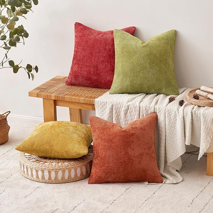 MIULEE Pack of 4 Burnt Orange Couch Throw Pillow Covers 16x16 Inch Yellow Green Soft Decorative Chenille Pillows Farmhouse Accent Cushions for Boho Home Decor Spring Sofa Bedroom Living Room