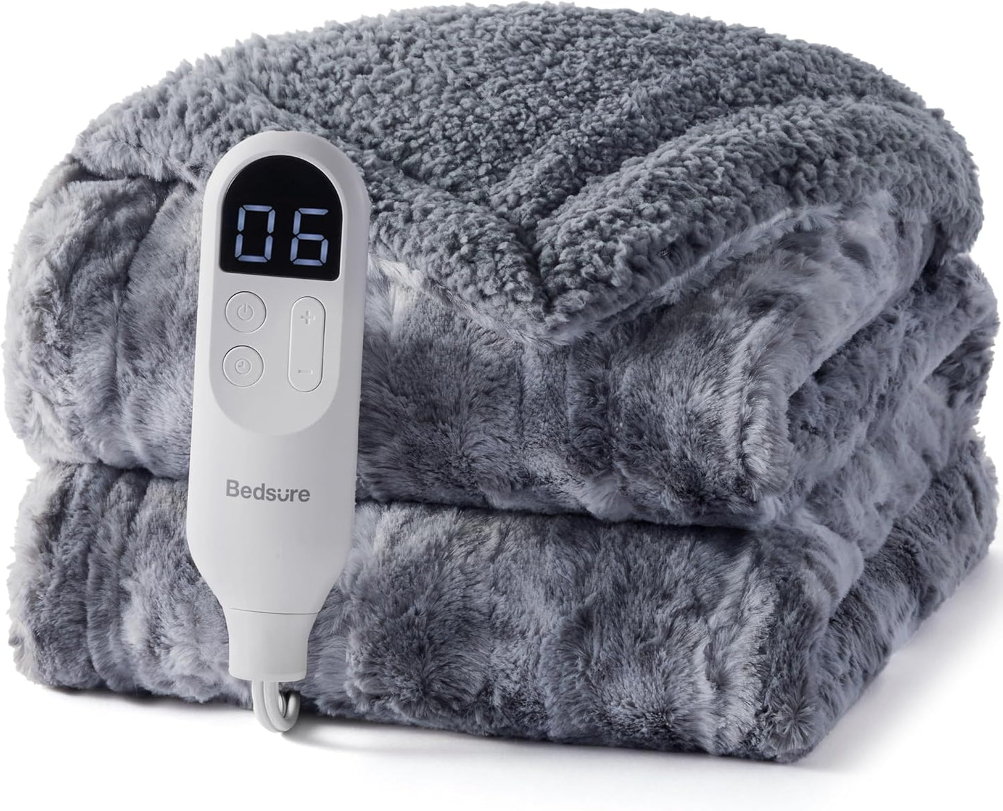 Bedsure Faux Fur Heated Blanket Throw Blanket, Fast Heating Electric Blanket with 6 Heating Levels & 4 Time Settings, Cozy Gifts for Women Men (50x60 inches, Grey)