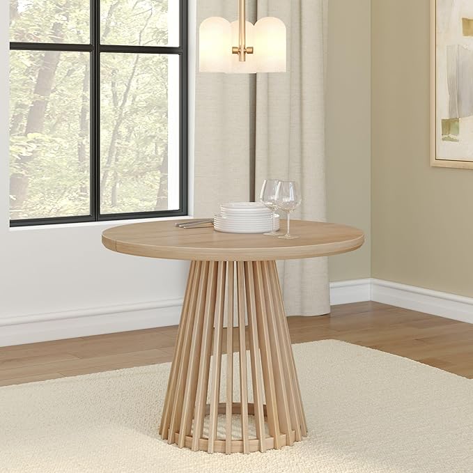 Plank+Beam Lido Round Dining Table, 38", Wooden, Pedestal, Minimalist Kitchen Table for 4 for Dining Room, Blonde