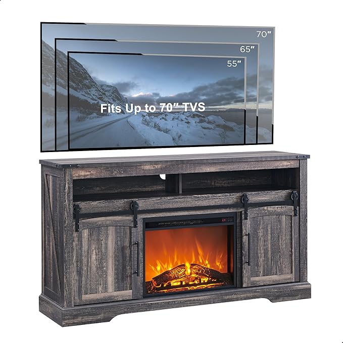 OKD Farmhouse Fireplace TV Stand for 70 Inch TV, 33" Tall Highboy Entertainment Center w/Electric Fireplace, Rustic Media Console w/Sliding Arched Door for Living Room,Dark Rustic Oak