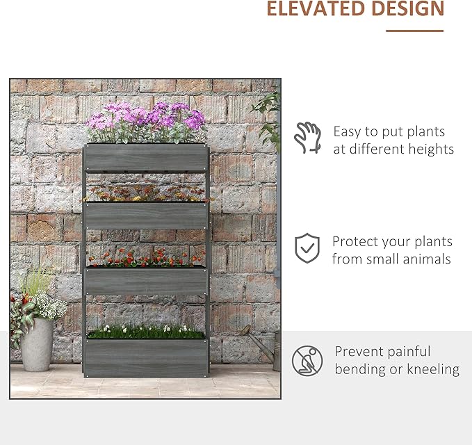 Vertical Garden Planter, Wooden 4 Tier Planter Box, Self-Draining with Non-Woven Fabric for Outdoor Flowers, Vegetables and Herbs, Gray