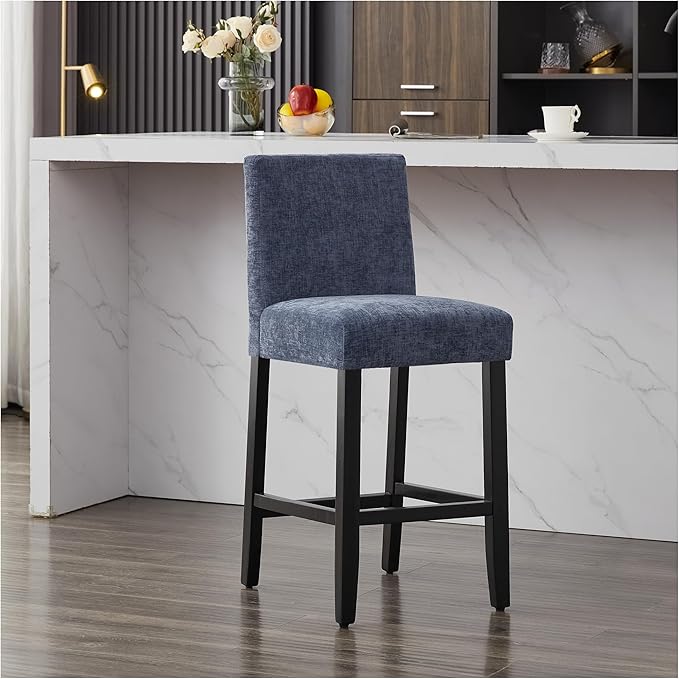 26'' Velvet Chenille Bar Stools, Modern Upholstered Bar Height Bar Chairs, Soild Wood Legs Barstools with Back, Blue