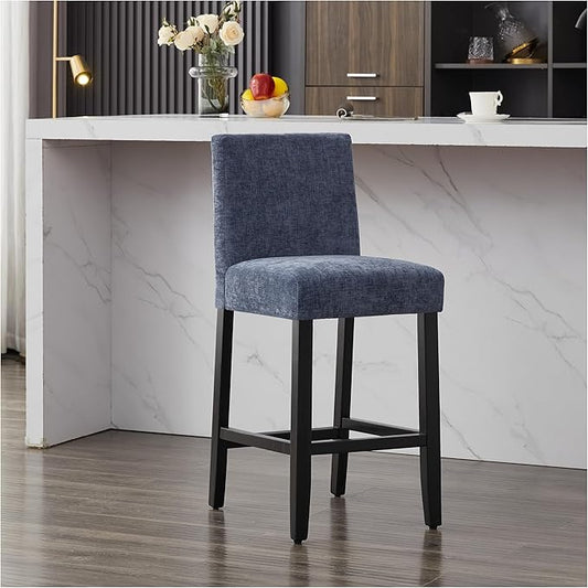 26'' Velvet Chenille Bar Stools, Modern Upholstered Bar Height Bar Chairs, Soild Wood Legs Barstools with Back, Blue