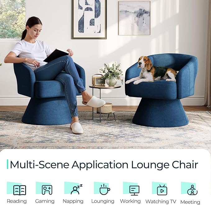 LINSY Swivel Barrel Chair, 360° Modern Swivel Accent Chair with Arms, Boucle Swivel Chair Blue Velvet Chairs for Bedroom Living Room Small Spaces