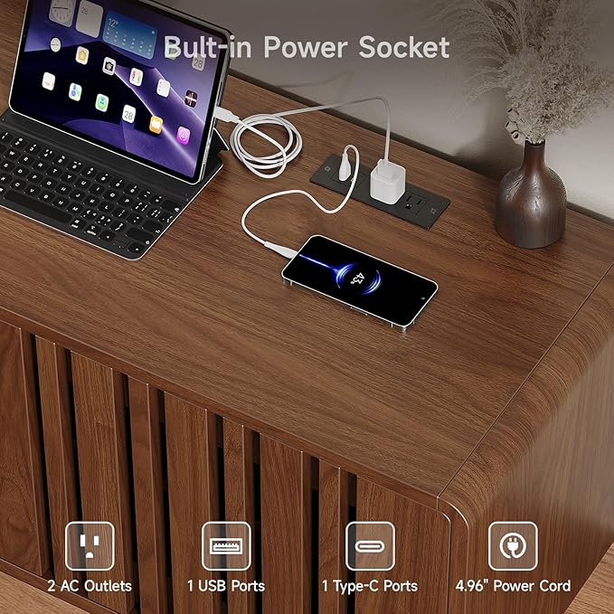 ONBRILL 70-Inch TV Stand for TVs up to 80 Inch, Mid-Century Modern Television Stand with Power Outlet， Entertainment Center with Sliding Grille Door Cabinets and Open Shelves for Living Room, Walnut