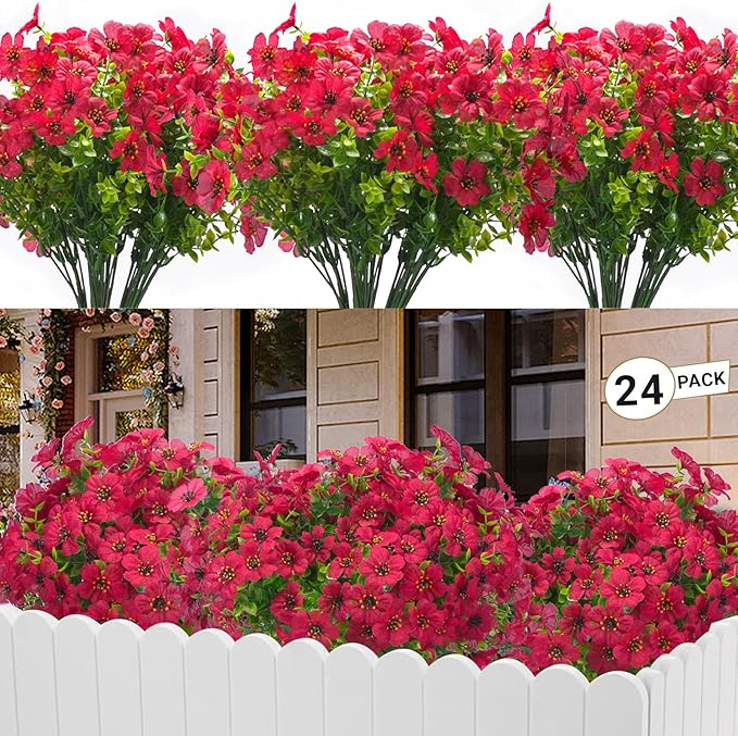24 Bundles Artificial Flowers for Outdoors & Indoors – UV Resistant Faux Plastic Plants for Garden, Patio, Porch, Window Box, Home Decor – Lush & Vibrant Fake Flowers, Red