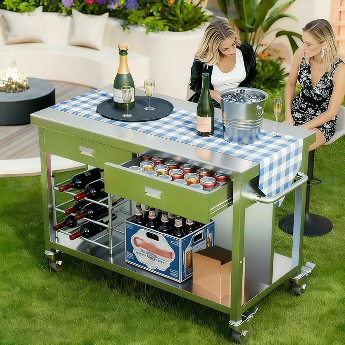 Stainless Steel Kitchen Island with Storage, Rolling Kitchen Island Cart on Wheels, Industrial Kitchen Cart with 2 Drawers, Portable Island for Commercial Kitchen, Bar, Outdoor Patio, 25 x 50 x 37 in