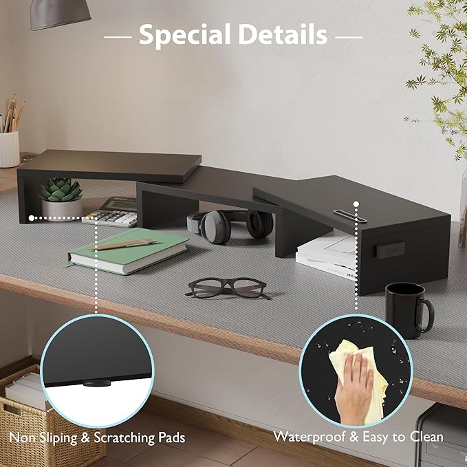 BONTEC Dual Monitor Stand for Desk, Adjustable Length and Angle Monitor Stand Riser with Smartphone Holder, Desk Shelf for Top of Desk, Computer Monitor Stand with Storage, Office Desk Organizer, Black