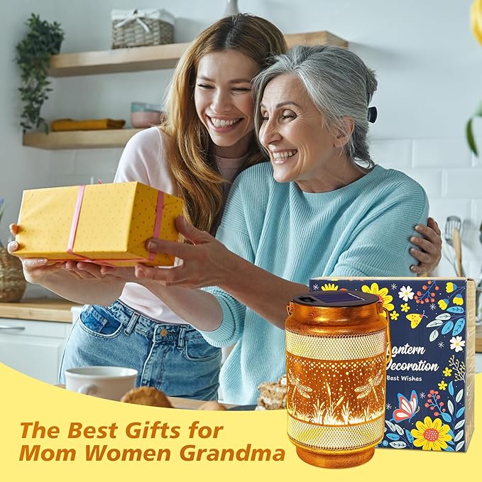 2 Pack Dragonfly Solar Lanterns Outdoor Waterproof Solar Garden Decor, Birthday Gifts for Christmas Women Mom Grandma, Metal Hanging Lights with Shepherd Hook for Outside Yard Patio Pathway Porch