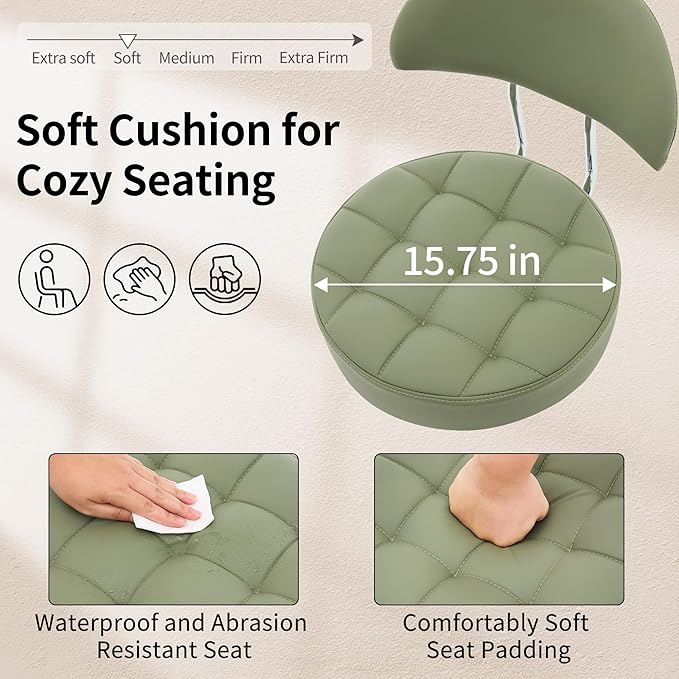 Rolling Stools with Wheels (Faux Leather Makeup Stool) (Quiet Wheels and Aluminum Base) Adjustable Barber Chair 20-27 inch (Green)