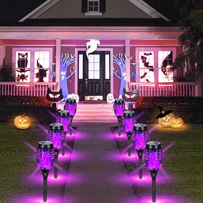 Solar Lights Outdoor Halloween Decorations, Upgraded 10 Pack Purple Solar Torch Lights with Flickering Flame, Waterproof Halloween Lights Outdoor, Tiki Torches for Outside Patio Pathway Decor