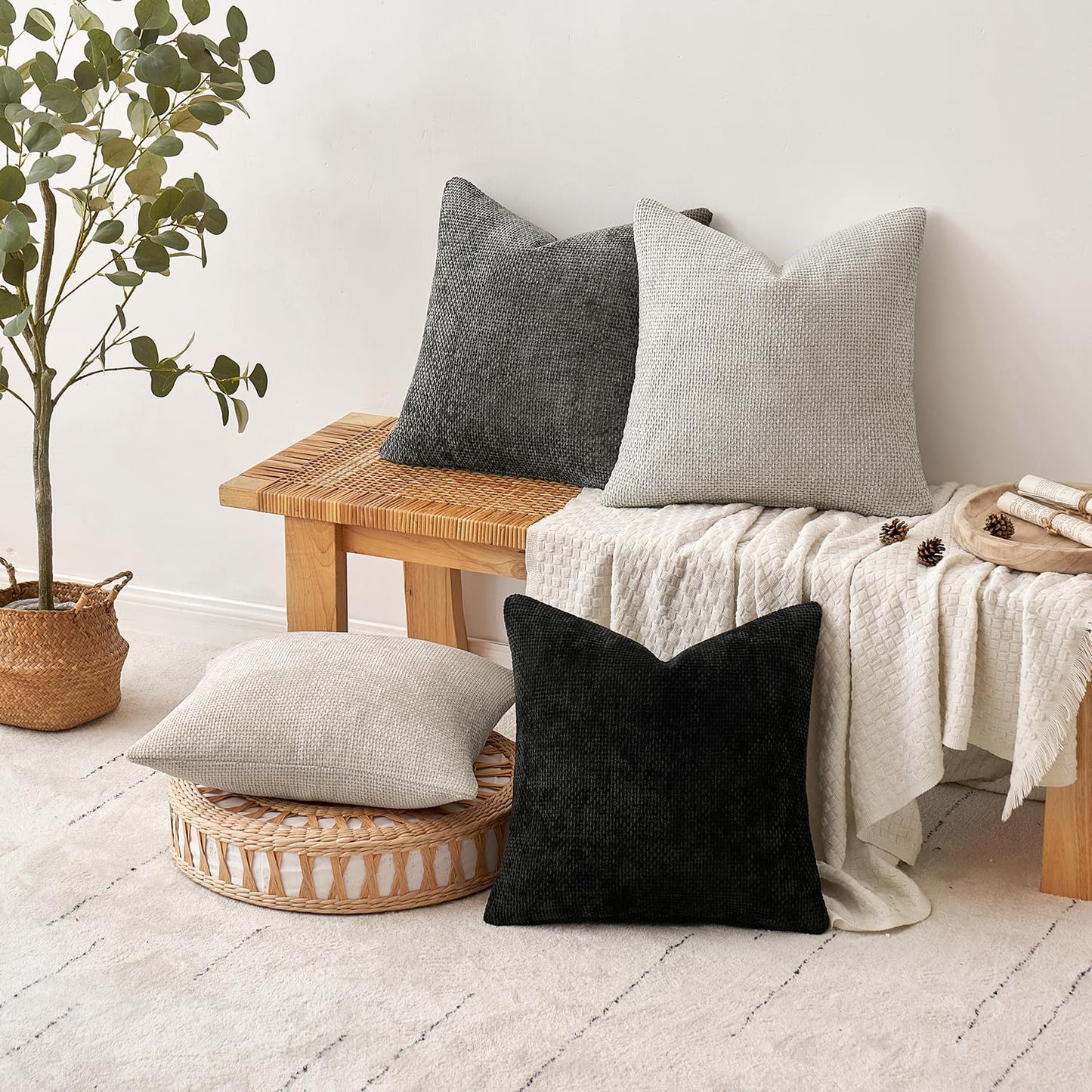 MIULEE Pack of 4 Halloween Couch Throw Pillow Covers 20x20 Inch Neutral Cream/Grey Soft Decorative Chenille Pillow Covers Farmhouse Accent Cushion Covers for Boho Home Decor Sofa Bedroom Living Room