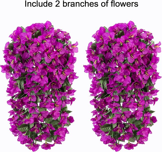Bougainvillea Artificial Hanging Flowers Plants for Outdoors Decoration, 2pcs Fake Flowers Silk Bougainvillea Vines Realistic UV Resistant Faux Flowers for Outdoor Planters Patio Urn, Purple