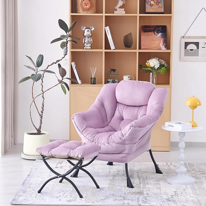 Welnow Lazy Chair with Ottoman, Modern Lounge Accent Chair with Armrests and a Side Pocket, Leisure Upholstered Sofa Armchair Set, Reading Armchair with Footrest for Small Space, Light Purple
