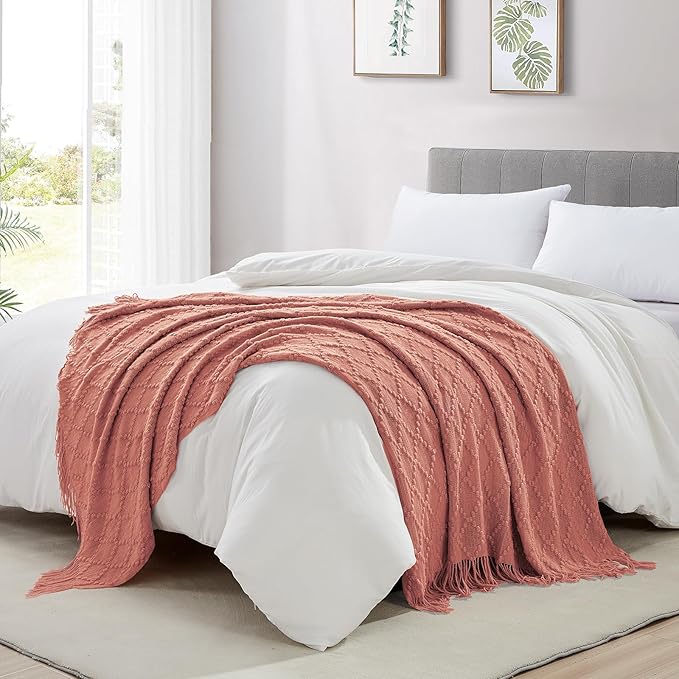 BOURINA Coral Pink Throw Blanket 50 x70 Inches Jacquard Argyle Throw Textured Solid Soft Throws and Blankets for Sofa or Bed Knitted Decorative Blanket