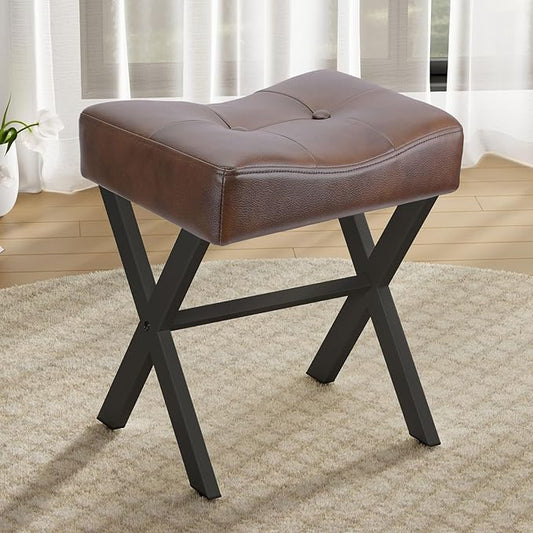 18-Inch Leather Vanity Stool Chair, Vanity Bench with Metal X-Leg, Ottoman Accent Stool with Thick Padded Saddle Seat, Dark Brown