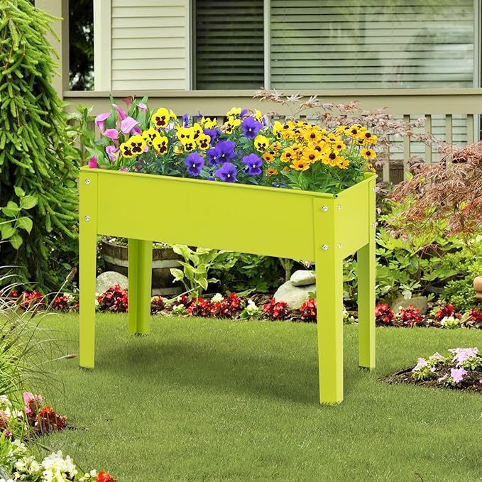 HAPPYGRILL Raised Garden Bed, 18” Elevated Planter Box w/Legs, Drainage Hole, Hemming Design, Metal Garden Box for Vegetable Herb, Outdoor Raised Beds for Gardening, Backyard Porch Balcony, Green