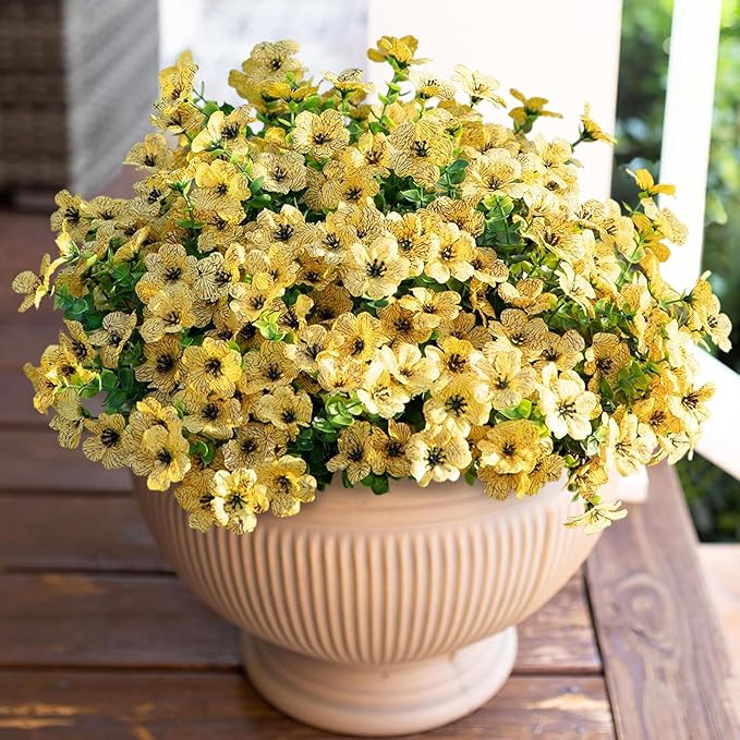 Artificial Fall Flowers Faux Mums for Outdoor Indoor Garden Home Decoration, Faux Flower Daisy with Eucalyptus Leaves Fake Plants Greenery Boxwood Porch Patio, 12 Bundles (Yellow)