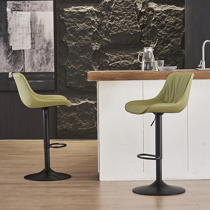 YOUNIKE Bar Stools Set of 2 for Kitchen Island, Grass Green Faux Leather Padded Counter Height Stools, Adjustable Swivel Barstools with Back, Modern Tall Stools with 300LBS Support