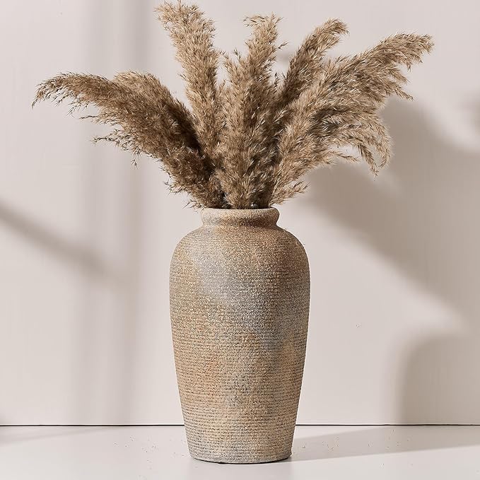 Large Ceramic Rustic Vase, 11 inch Minimalist Decorative Vase, Farmhouse Tall Wood Colored for Home Decor, Living Room, Shelf Decor, Enterway, Table Decoration, Brown