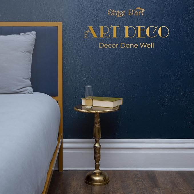 OBJET D'ART Small Round Gold Side Table, Hannah, 20" Height, Vintage Metal Accent, Side, Pedestal, Coctail and Drink Tables for Living Room and Small Spaces