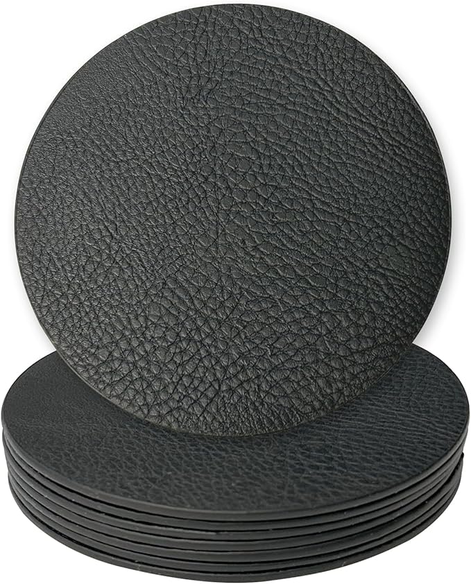 Set of 8 Morgan Faux Leather 4 Inch Round Coasters, Heat & Water Absorbent, Natural Style, Drinks Tabletop Home Dinning, Black