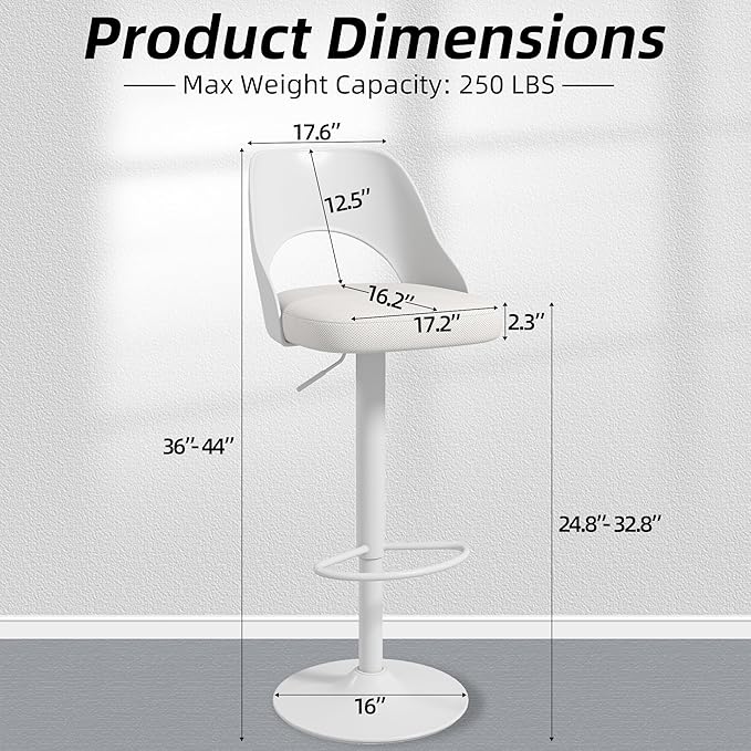 civama Bar Stools Set of 2 for Kitchen Counter, Seat Height Adjustable 25''-33'', Modern Upholstered Swivel Island Chairs with Hollow Backrest Metal Base, White
