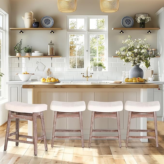 PHI VILLA Farmhouse Bar Stools Set of 4 - Wood Bartools with Upholstered Saddle Seat, 24 inch stools for Kitchen Counter Set of 4