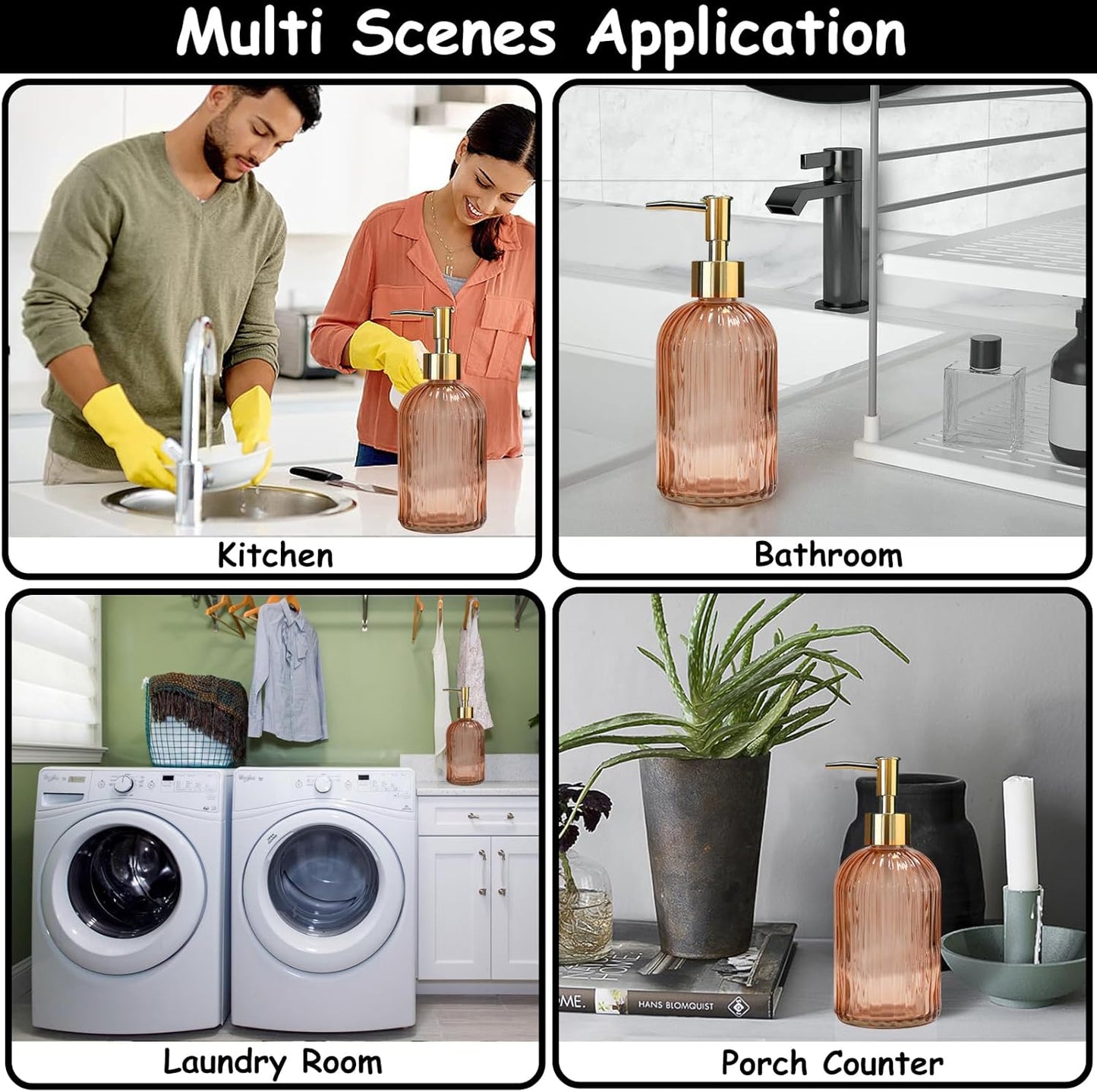 Glass Soap Dispenser with Gold Plastic Pump, 13.5oz Refillable Liquid Hand Soap Dispenser, 2 Pack Crystal Lotion Bottle for Modern Home Decor, Bathroom, Kitchen Countertop, Hotel(Orange)