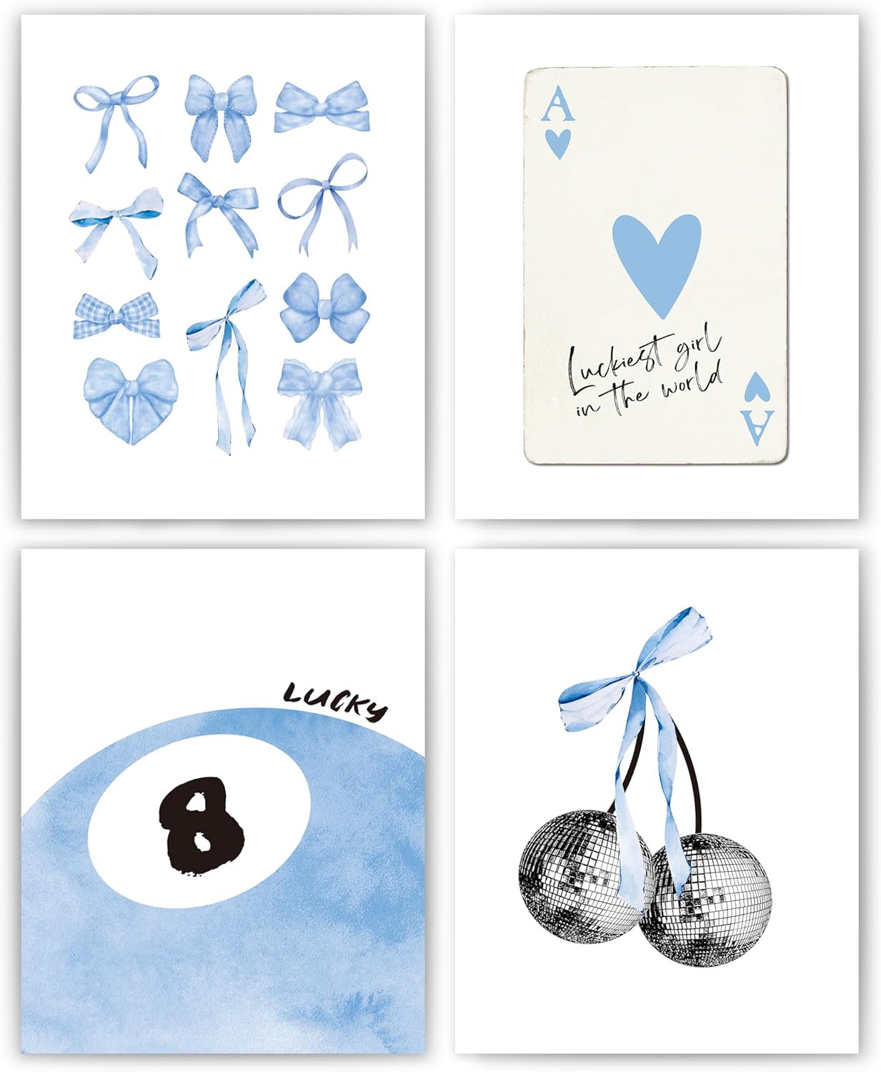 okaxscm Light Blue Coquette Trendy Preppy Wall Art Prints Set of 4, Coquette Preppy Room Decor, Blue Bow Disco 8 Ball Cherry Wall Decor Posters for Girls Bedroom Dorm, 8x10 Unframed