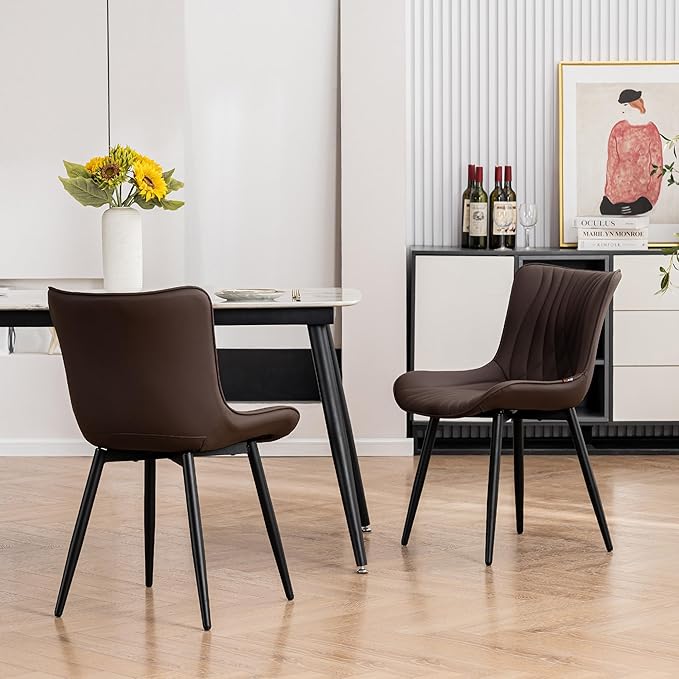 Kidol&Shellder Brown Dining Chairs Set of 2,Faux Leather Upholstered Mid Century Modern Kitchen&Dining Room Chair with Back,Ergonomic Armless Vanity&Living Room Chair with Metal Legs