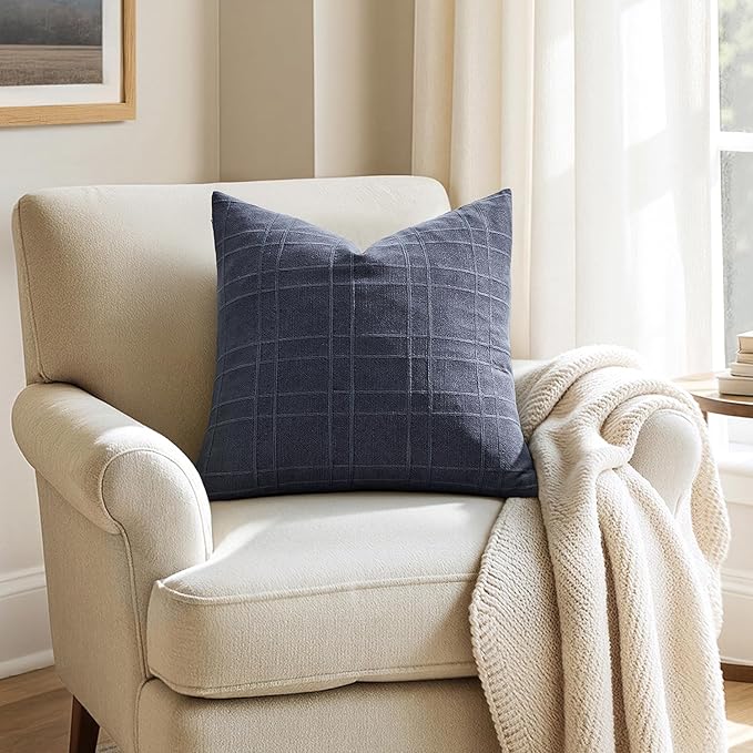 MIULEE Decorative Linen Check Throw Pillow Covers Neutral Farmhouse Vintage Pillow Covers 20x20 Set of 2 Boho Modern Home Decor for Sofa Couch Bedroom Cushion Navy Blue