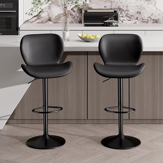 Nalupatio Swivel Bar Stools Set of 2,PU Leather Upholstered Barstools with Back & Footrest, Seat Adjustable Height 22.2-31IN Counter Height Bar Chairs for Bar Kitchen Island,Black