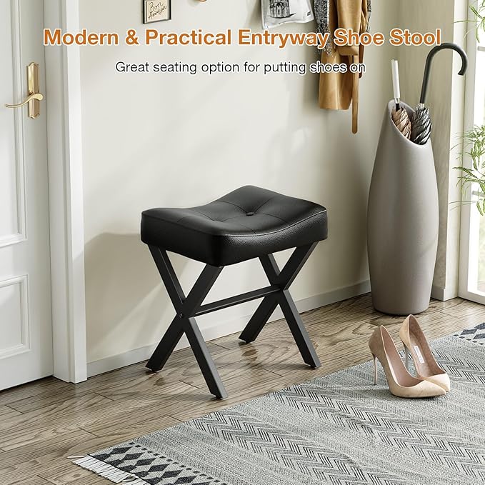 18-Inch Leather Vanity Stool Chair, Vanity Bench with Metal X-Leg, Ottoman Accent Stool with Thick Padded Saddle Seat, Black