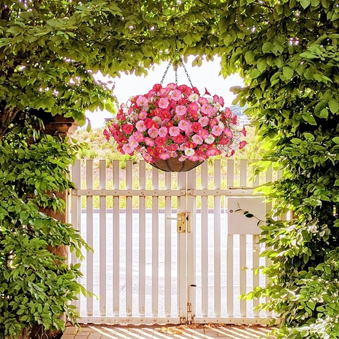 Artificial Flowers for Outdoor, Fake Flowers Faux Plants for Outside Indoor, 4PCS Summer Decor, Morning Glory Petunia UV Resistant, for Garden Porch Window Box Home Planters (Dark Pink&White Bulk)