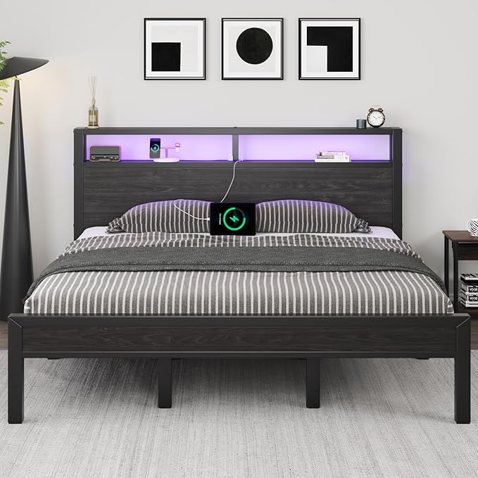 King Size Bed Frame with Storage Headboard, Industrial Platform Bed with Charging Station and LED Lights, Heavy Duty Metal Slats, No Box Spring Need, Noise Free, Black