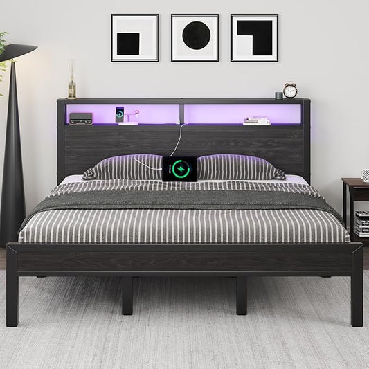 King Size Bed Frame with Storage Headboard, Industrial Platform Bed with Charging Station and LED Lights, Heavy Duty Metal Slats, No Box Spring Need, Noise Free, Black
