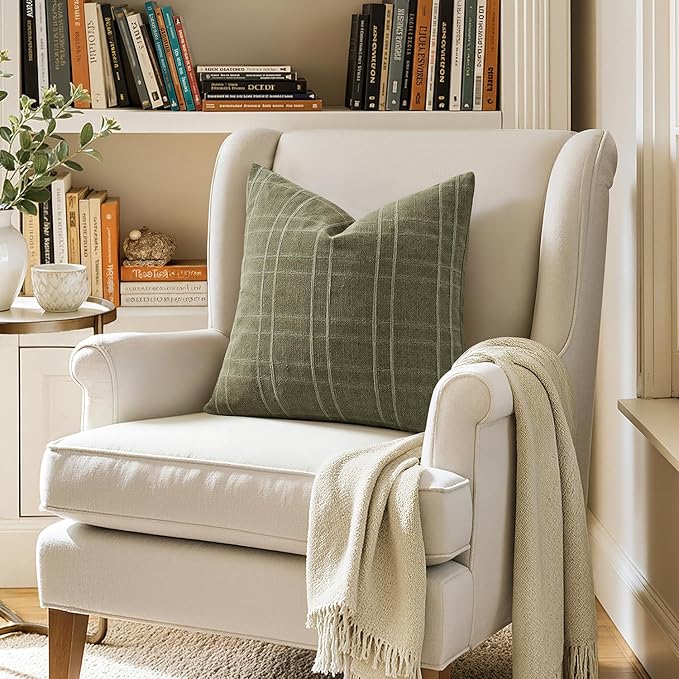 MIULEE Decorative Linen Check Throw Pillow Covers Neutral Farmhouse Vintage Pillow Covers 18x18 Set of 2 Boho Modern Home Decor for Sofa Couch Bedroom Cushion Sage Green