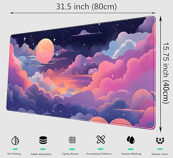 Cute Pink Purple Space Clouds Desk Mat Anime Gaming Mouse Pad Pastel Sky Desk Pad XXL Large Extended Mousepad 31.5x15.75 in, Cool Laptop Computer Keyboard and Mouse Mat for Women Office Decor