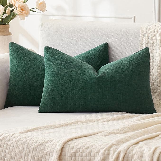 MIULEE Dark Green Couch Pillow Covers 12x20 Inch, Set of 2 Soft Chenille Decorative Lumbar Throw Pillow Covers Christmas Farmhouse for Sofa Living Room Bed